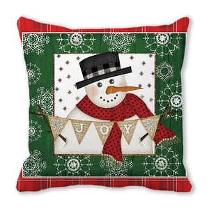 Funda de cojín navideño con muñeco de nieve, bandera Joy y bordes de cuadros rojos