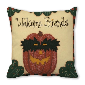 Halloween pumpkin cushion cover with Welcome Friends text on peach skin fabric