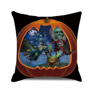 Halloween decorative square pillowcase featuring orange pumpkin with witch and ghost design