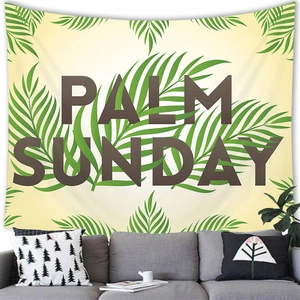 Détail du tissu de la tenture tropicale avec feuilles de palmier et texte imprimé