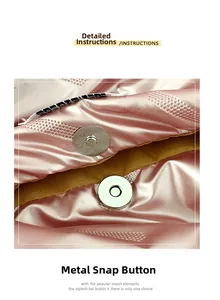 Macro detail of pink glossy quilted tote bag with round magnetic metal snap closure