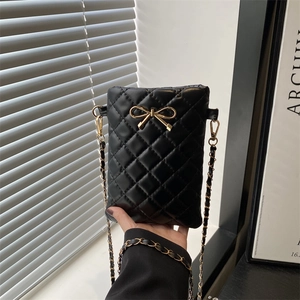 Quilted PU Leather Bow Decoration Crossbody Phone Bag For Women Diamond Pattern Chain Strap Small Square Shoulder Bag Daily Fashion