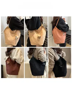 Collage of large capacity tote bags in multiple colors shown on model in a modern style