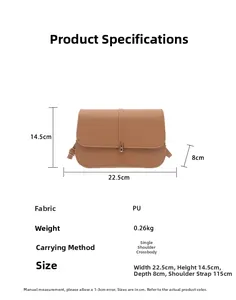 Detailed size specifications for brown PU leather baguette bag with 22.5cm width measurement