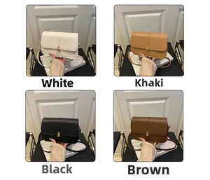 Collage of leather baguette bags in white, khaki, black and brown with metal locks