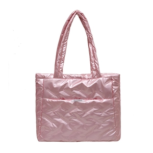 Pink quilted down tote bag for women with metallic finish and soft padded shoulder straps