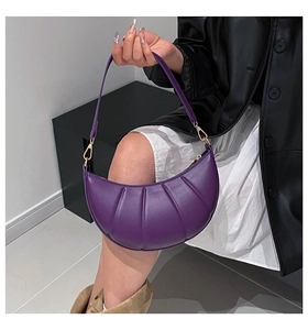 Purple pleated crescent shoulder bag with leather strap and golden hooks for women