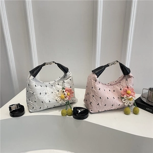 Women Crinkled Pleated Shoulder Bag With Flower Pendant Black Letter Bowknot Embroidery Fashion Small Hobo Crossbody Handbag