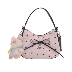 Pink crescent handbag with black bow, heart charm and cute white bunny plush keychain