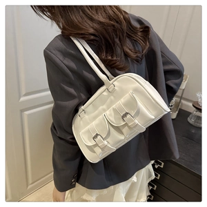 Detailed back view of white PU leather Boston bag with dual buckle flap pockets