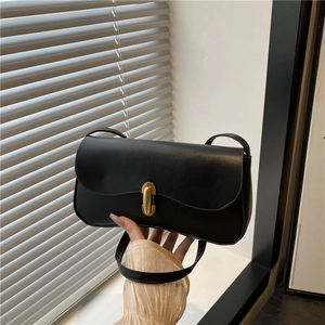 Women Urban Minimalist PU Leather Underarm Bag Fashion Solid Color Baguette Shoulder Bag With Gold Metal Lock Square Purse