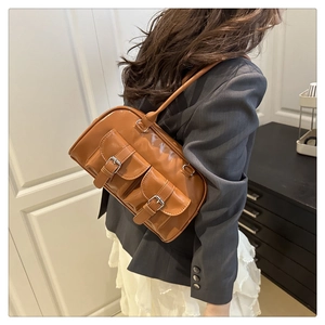Caramel retro underarm bag with front double pockets and silver buckle detailing