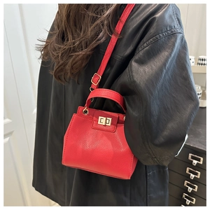 Macro detail of red lychee grain leather handbag with gold metal clasp on model