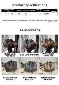 Detailed size chart for drawstring bucket bag with color options and dimensions