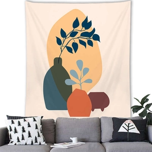 Nordic Morandi abstract plant tapestry with colorful geometric vases over a sofa