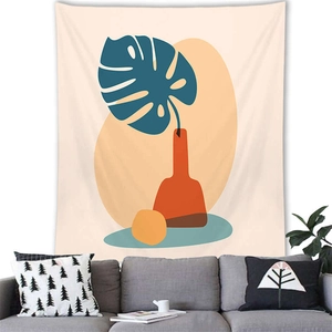 Close-up of Morandi plant tapestry showing abstract leaf and vase artwork over a sofa