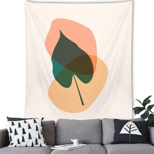 Nordic Morandi style tapestry with abstract geometric blocks and green leaf pattern