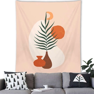 Detail of Bohemian abstract tapestry with clay pots and green leaves on living room wall