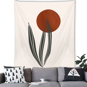 Minimalist Nordic plant tapestry with abstract leaves and red sun for wall decoration