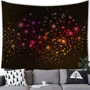 Detailed living room view of a colorful galaxy starry tapestry hanging above a grey sofa