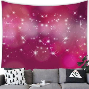 Deep magenta and purple starry galaxy tapestry hanging over a modern living room sofa