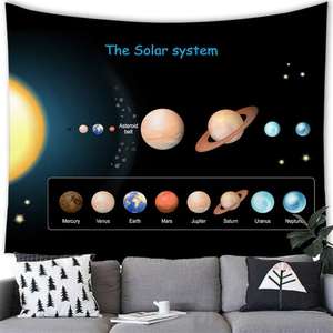 Solar system educational tapestry showing planets on black fabric in a modern living room