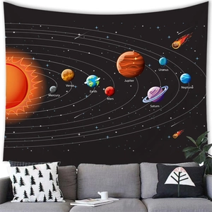 Solar system tapestry featuring eight planets and sun on black wall hanging fabric