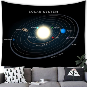 Detailed educational solar system tapestry showing planets and sun over a cozy sofa