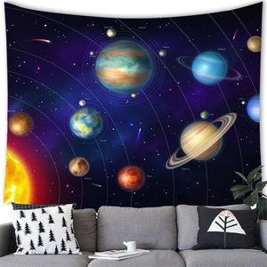 Detailed close-up of solar system tapestry with planet names on soft brushed fabric