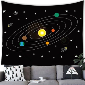 Solar system galaxy tapestry wall hanging with planets and stars over a sofa