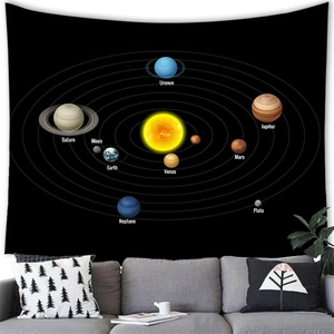 Solar system wall tapestry with glowing sun and planets hanging above a gray sofa