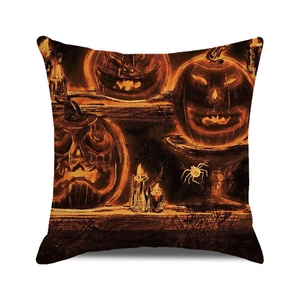 Detailopname van Halloween kussenhoes met retro pompoenen en linnen textuur