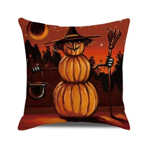 Halloween kussensloop in olieverfstijl met pompoensneeuwpop en heksenhoed decoratie