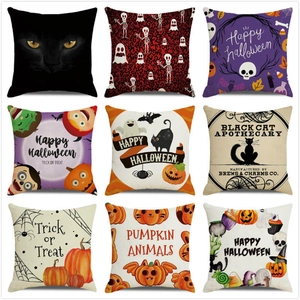 Halloween Leinen Kissenbezug Happy Halloween Schwarze Katze Kürbis Deko Kissenhülle Für Sofa Zuhause Party 45x45cm