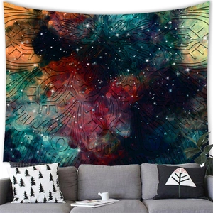 Close-up detail of Deep Space Mandala tapestry with nebula patterns on white wall