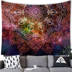 Detailed texture of mandala tapestry with cosmic patterns in a modern living room setting