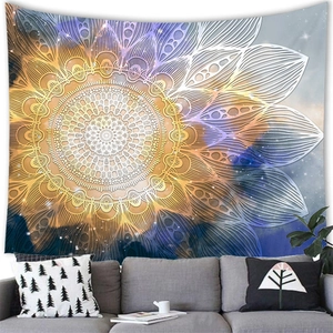 Detailed texture of mandala tapestry with golden to indigo blue sunburst pattern gradient