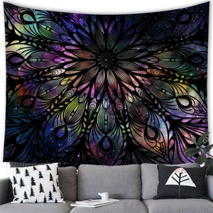 Detailed close-up of a cosmic mandala tapestry hung over a sofa in a modern living room