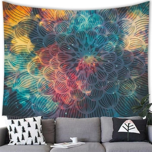 Detailed texture of mandala tapestry with cosmic galaxy nebula hanging over a sofa