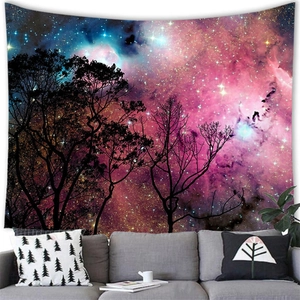 Detailed view of the aurora starry night tapestry hanging over a modern grey sofa