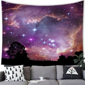 Macro detail of aurora nebula starry sky tapestry with forest silhouette above a grey sofa