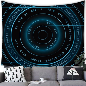 Abstract cyberpunk galaxy tapestry with blue binary code rings for modern wall decor