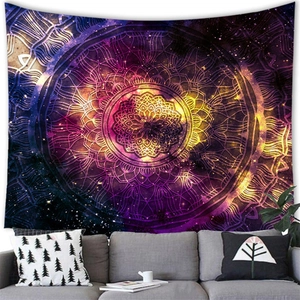 Mandala galaxy tapestry with geometric patterns for bedroom wall decor over gray sofa