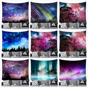Galaxy Starry Sky Aurora Forest Silhouette Tapestry Wall Hanging Polyester Fabric Decorative Wall Art For Living Room Bedroom