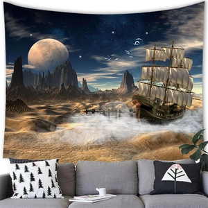 Dettaglio di un arazzo con nave a vela fantasy sotto una grande luna e montagne