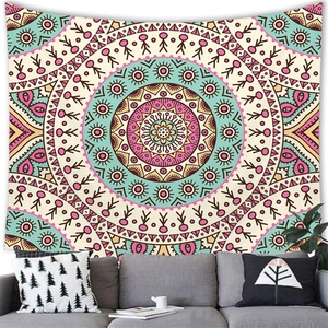 Bohemian geometric mandala tapestry wall hanging with colorful sunburst patterns for home decor