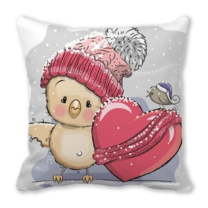 Close-up of cartoon penguin and bird print on soft peach skin fabric cushion cover