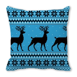 Blue Christmas pillow cover with black pixel elk and snowflake patterns in Nordic style