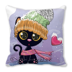 Detailed view of the Christmas black cat illustration on peach skin fabric pillowcase