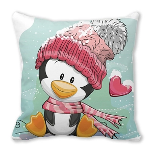Detailed view of square pillow featuring a cute penguin in winter hat and pink scarf